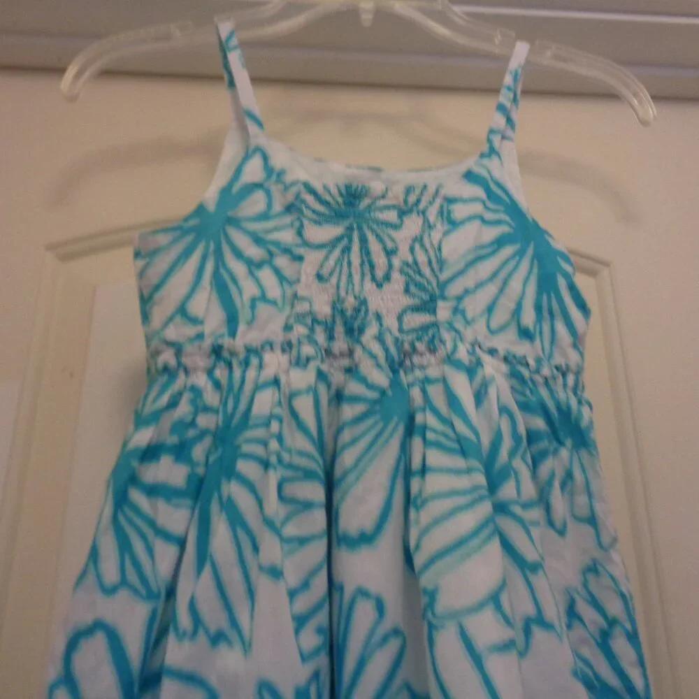 GIRLS GYMBOREE COTTON AQUA & WHITE FLORALS SHEERED SUNDRESS 10